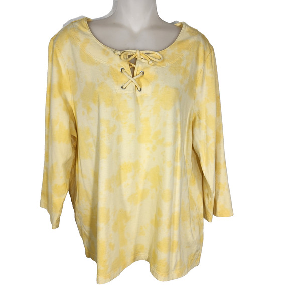 Chicos Top T Shirt Size 2 Large Tie Dye Yellow 3/4 Sleeve Pullover Lace Up Knit - Picture 1 of 9